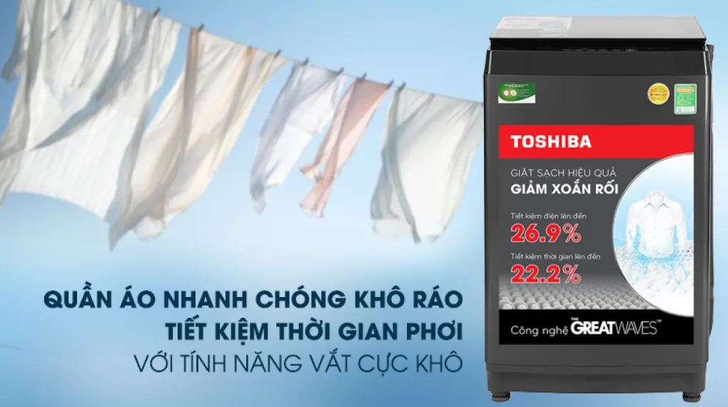 Máy giặt Toshiba Inverter 9.0 kg AW-DK1000FV(KK) - Chế độ vắt cực khô Máy giặt Toshiba Inverter 9.0 kg AW-DK1000FV(KK) - Chế độ vắt cực khô