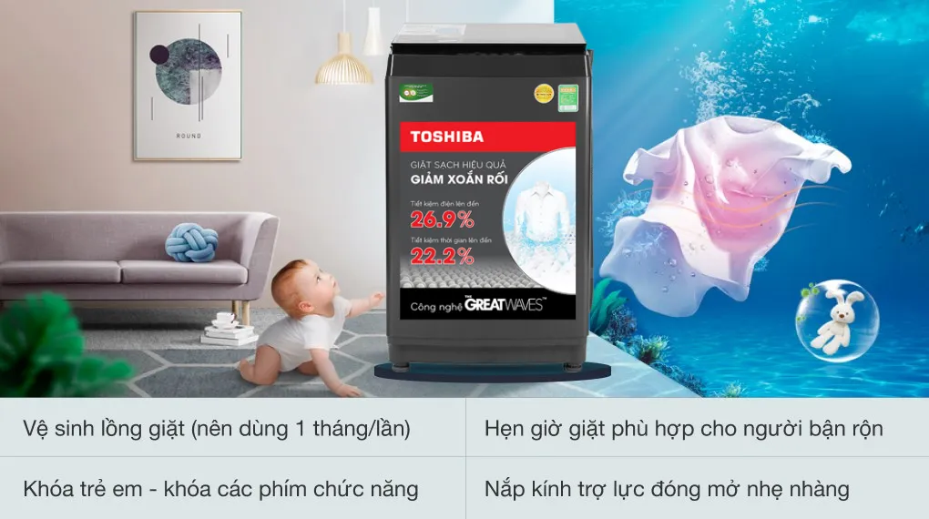 Máy giặt Toshiba Inverter 9.0 kg AW-DK1000FV(KK) - Khóa trẻ em Máy giặt Toshiba Inverter 9.0 kg AW-DK1000FV(KK) - Khóa trẻ em
